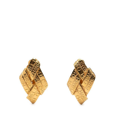Chanel Logo Ribbon Motif Earrings Gold Plated