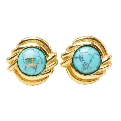 Chanel CC Logo Earrings Gold Turquoise Plated Stone — view 2