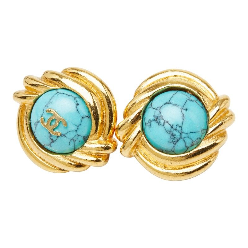 Chanel CC Logo Earrings Gold Turquoise Plated Stone