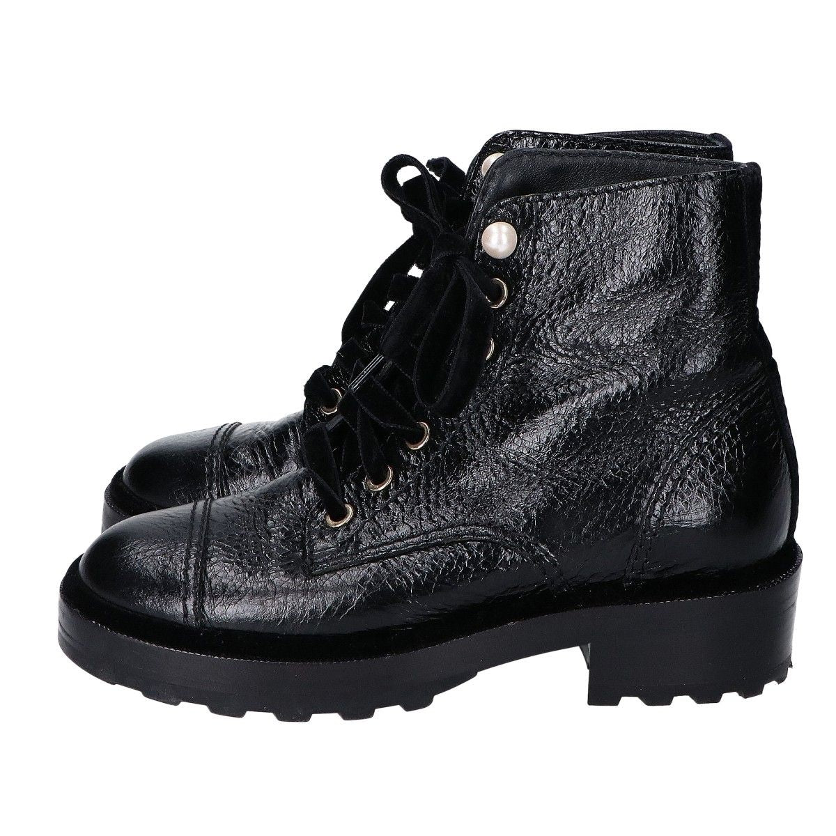 Chanel a Black Leather Velour Faux Pearl Button Boots 36c — view 2