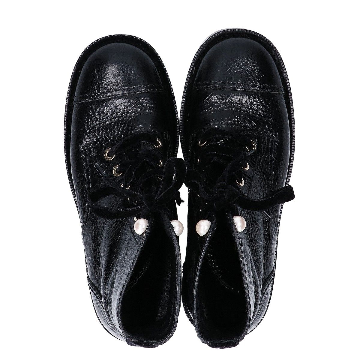 Chanel a Black Leather Velour Faux Pearl Button Boots 36c — view 5
