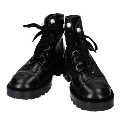 Chanel a Black Leather Velour Faux Pearl Button Boots 36c