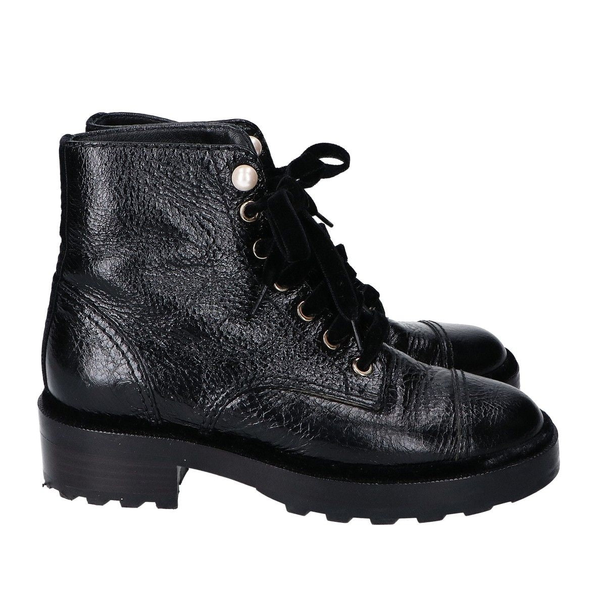 Chanel a Black Leather Velour Faux Pearl Button Boots 36c — view 4