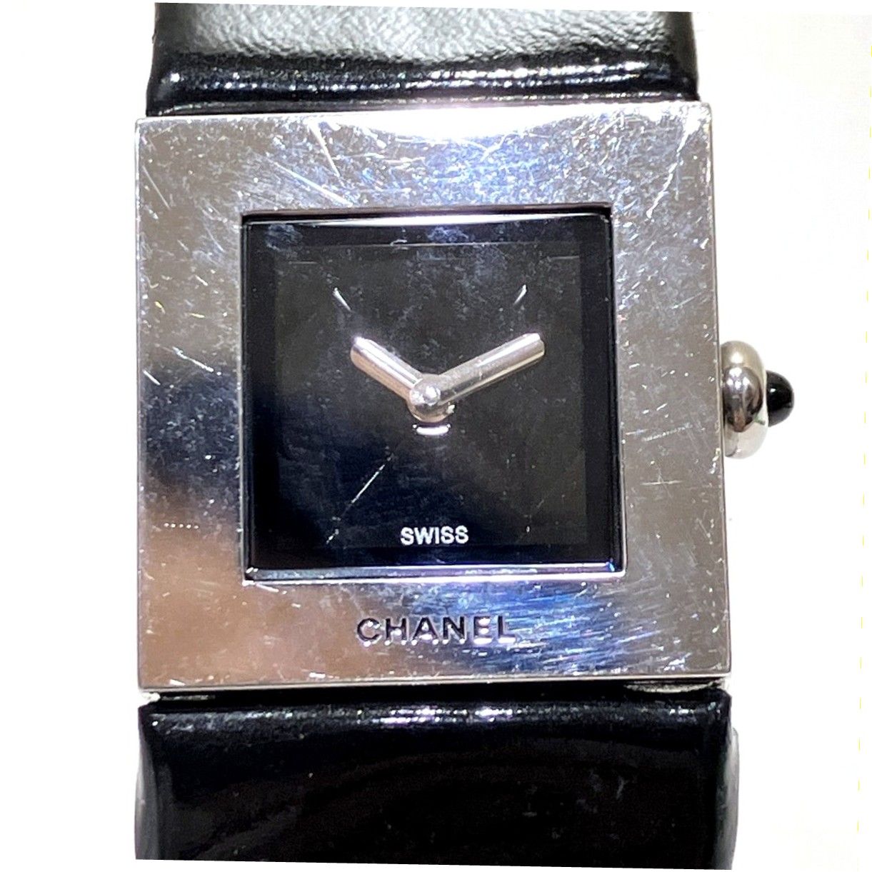 Chanel Quilted Watch SS Leather Quartz Black Dial