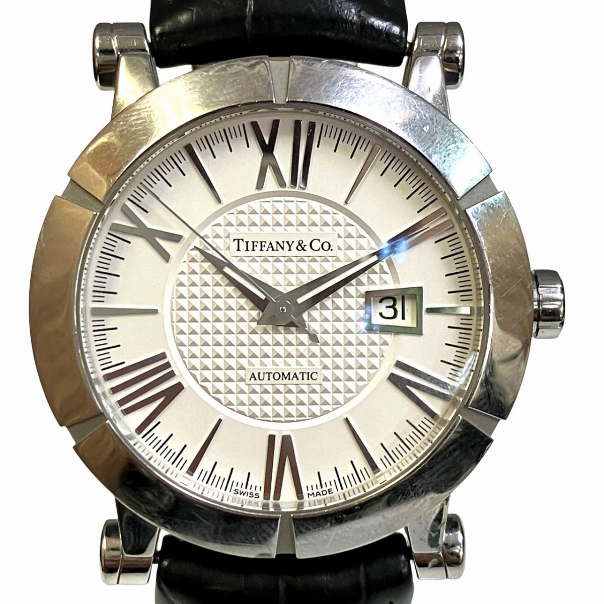 Tiffany & Co Atlas Watch SS Leather Automatic Winding Silver Dial