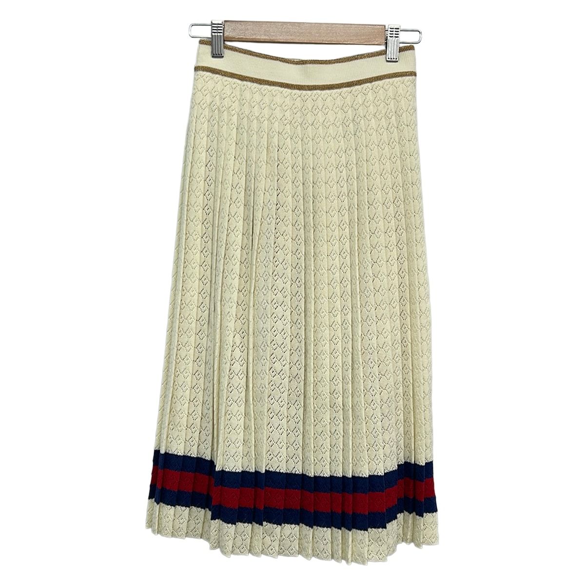 Gucci Skirt S Ivory Red Navy Knee Length Knit Lame Sherry Pleats