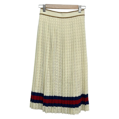 Gucci Skirt S Ivory Red Navy Knee Length Knit Lame Sherry Pleats