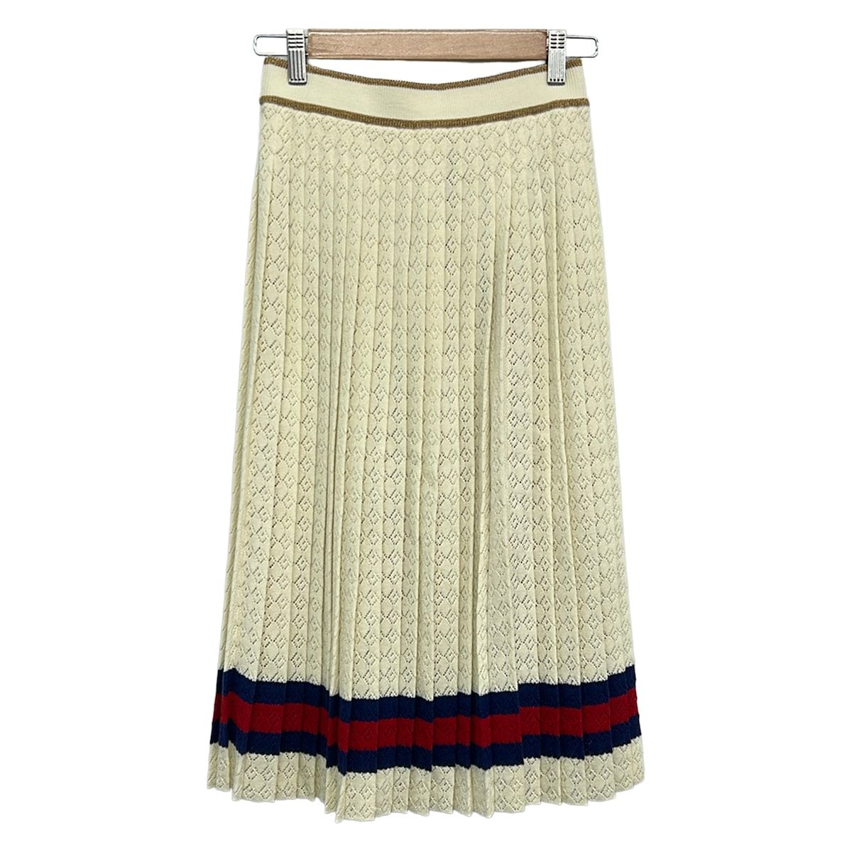 Gucci Skirt S Ivory Red Navy Knee Length Knit Lame Sherry Pleats — view 2