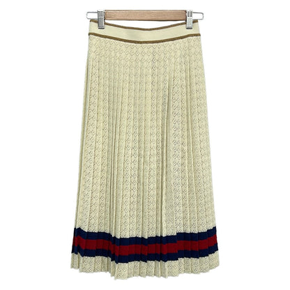 Gucci Skirt S Ivory Red Navy Knee Length Knit Lame Sherry Pleats — view 2