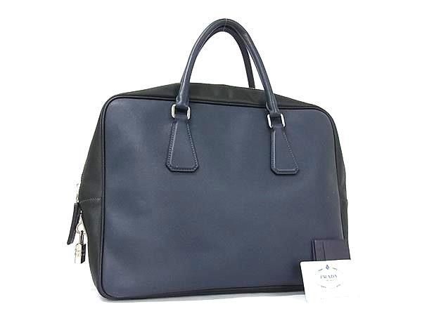 Prada Handbag Triangle Logo Navy Saffiano Leather Business Briefcase Silver