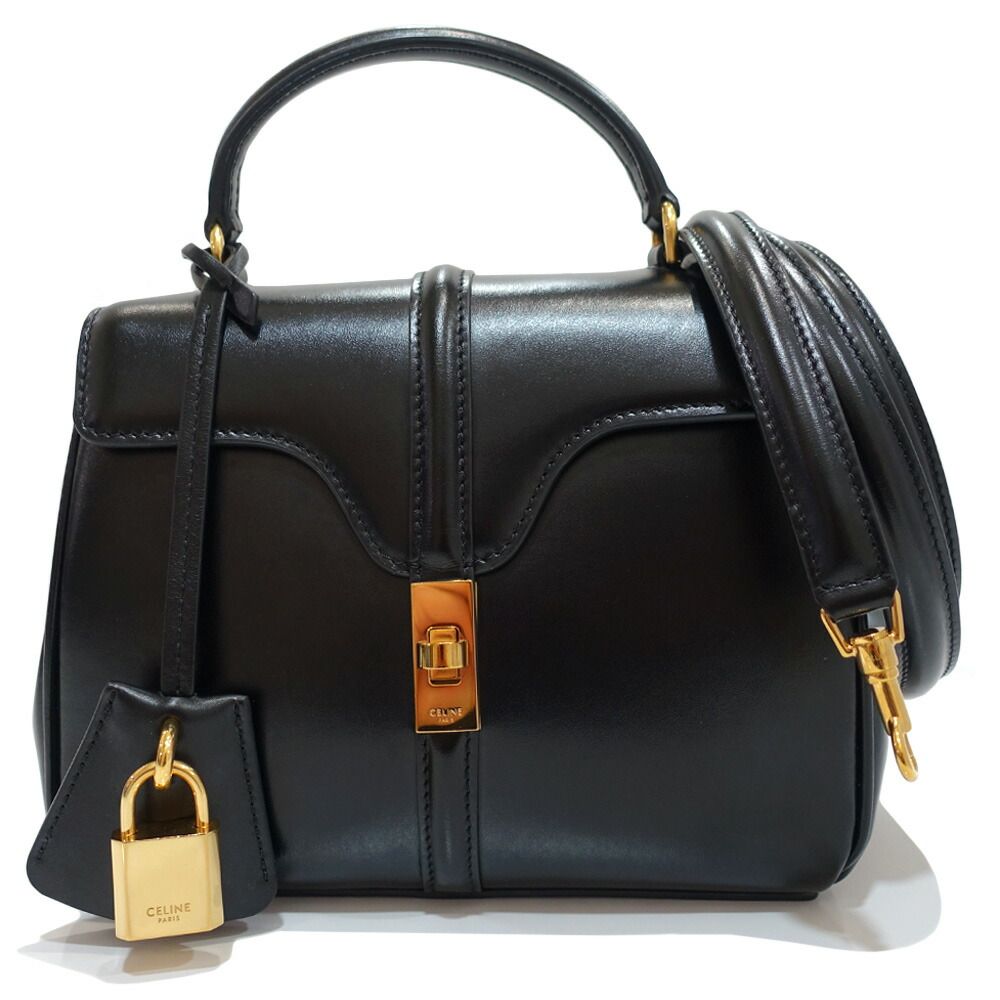 Celine Seeds 16 Small Handbag 2-Way Leather Black Gold
