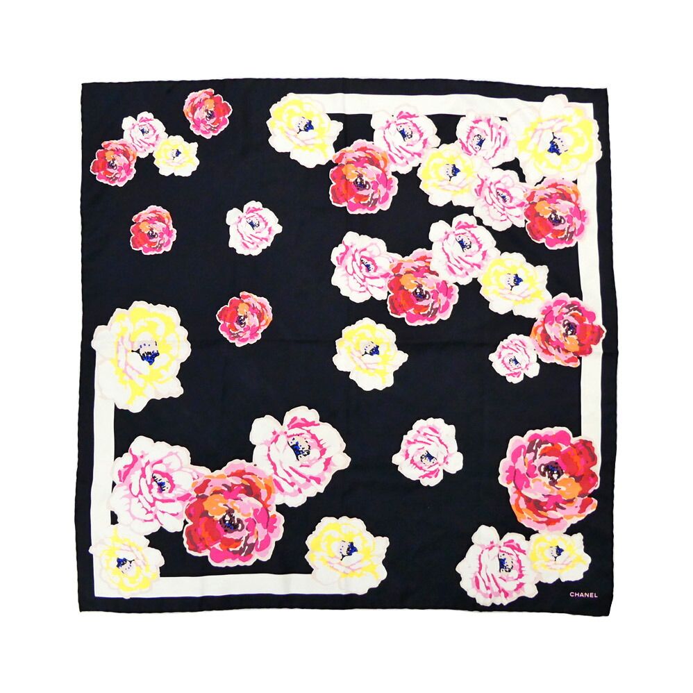 Chanel Scarf Camellia Print Silk Black Pink Multicolor Large 87
