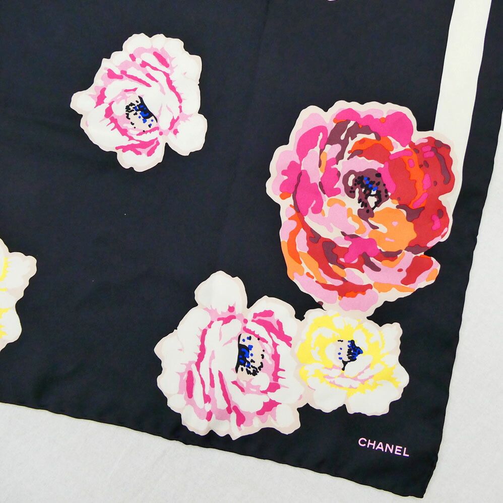 Chanel Scarf Camellia Print Silk Black Pink Multicolor Large 87 — view 2