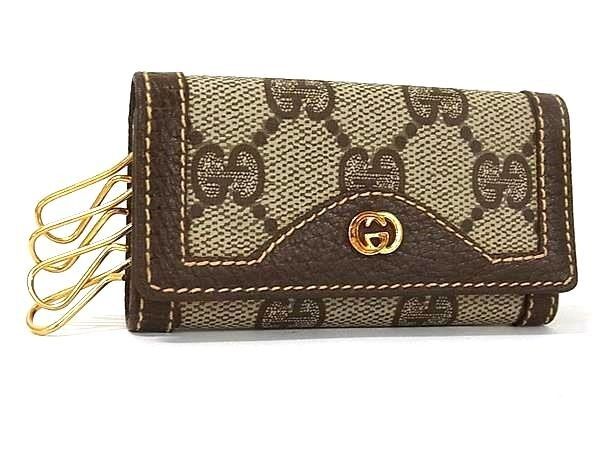 Gucci Key Case Interlocking Beige Brown GG Supreme Leather Quadruple Strand