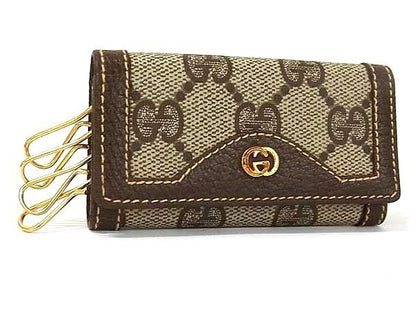 Gucci Key Case Interlocking Beige Brown GG Supreme Leather Quadruple Strand