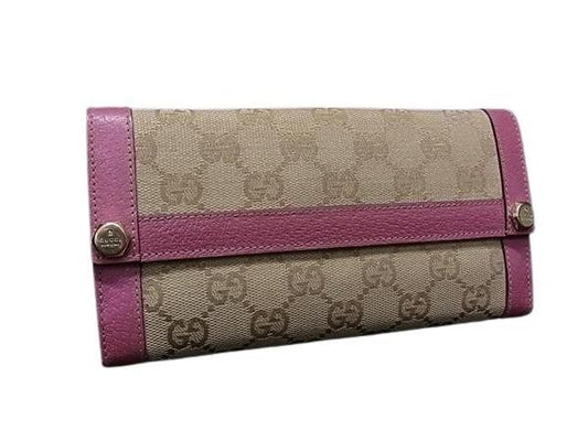 Gucci Wallet GG Canvas Brown Pink Hook Bifold Gold