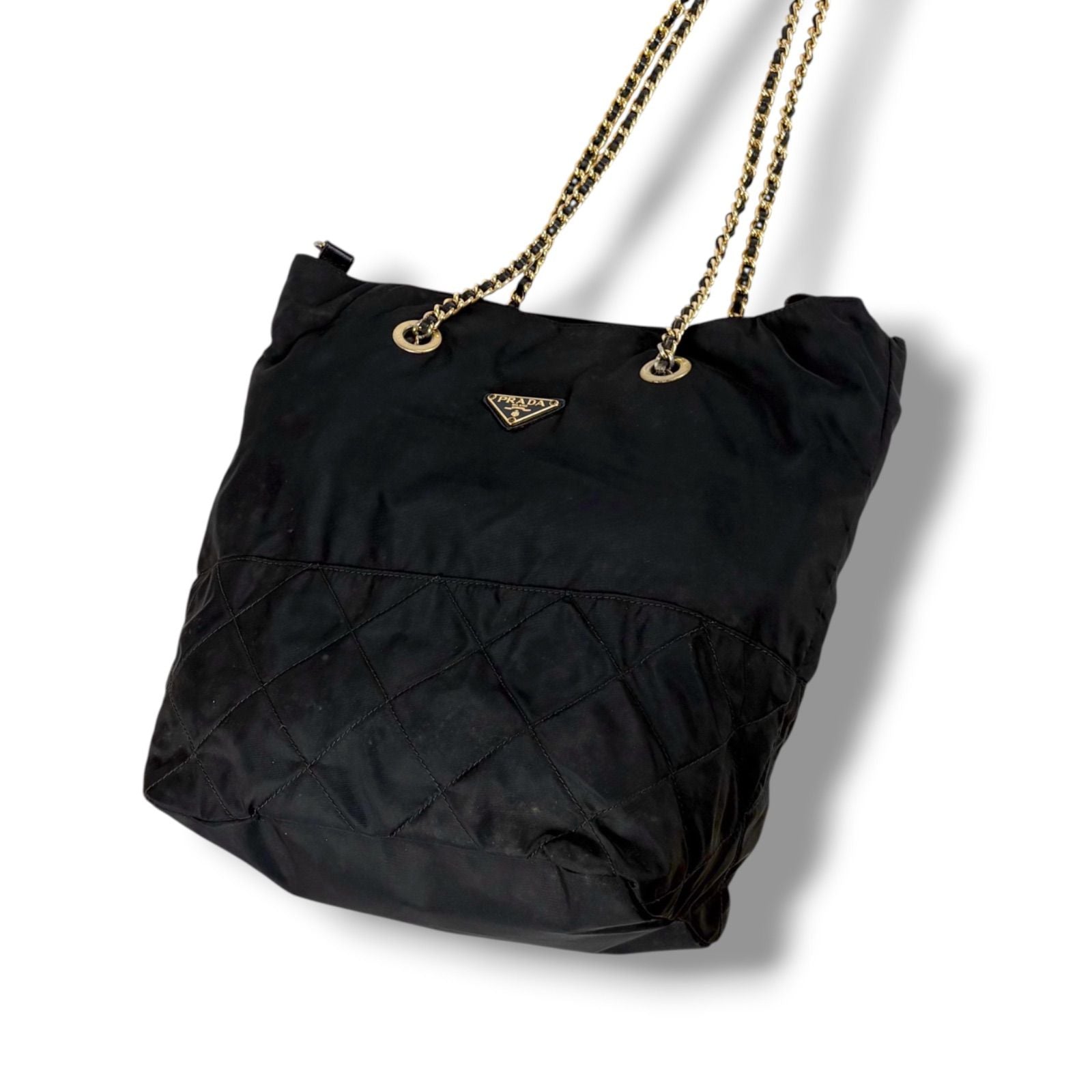 Prada Triangle Logo Quilted Processing Chain Shoulder Bag Black Nero Tessuto