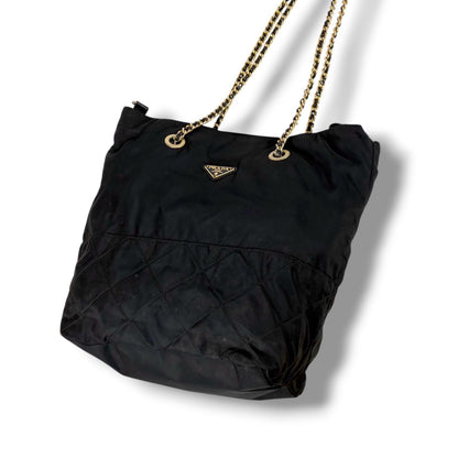 Prada Triangle Logo Quilted Processing Chain Shoulder Bag Black Nero Tessuto