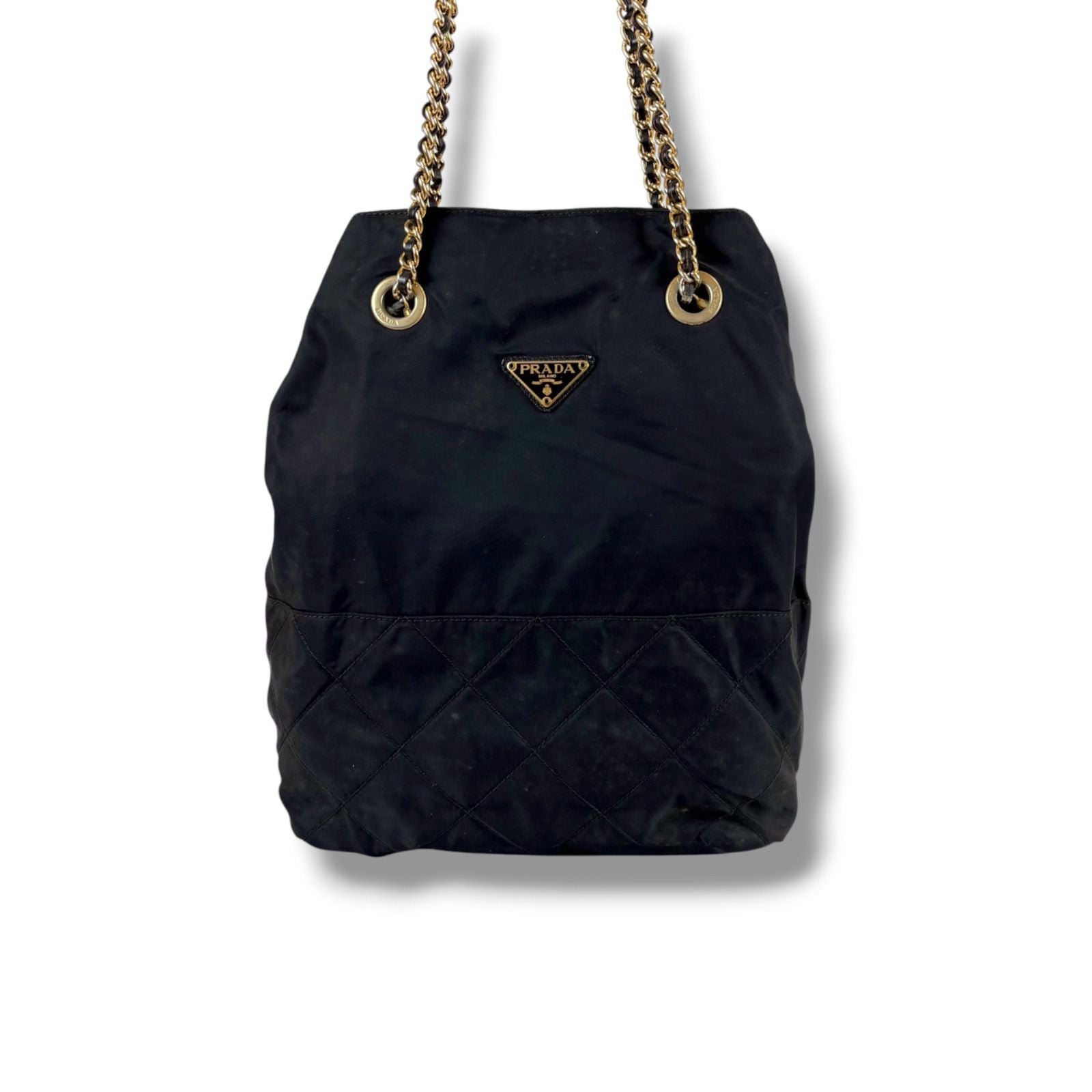 Prada Triangle Logo Quilted Processing Chain Shoulder Bag Black Nero Tessuto — view 2