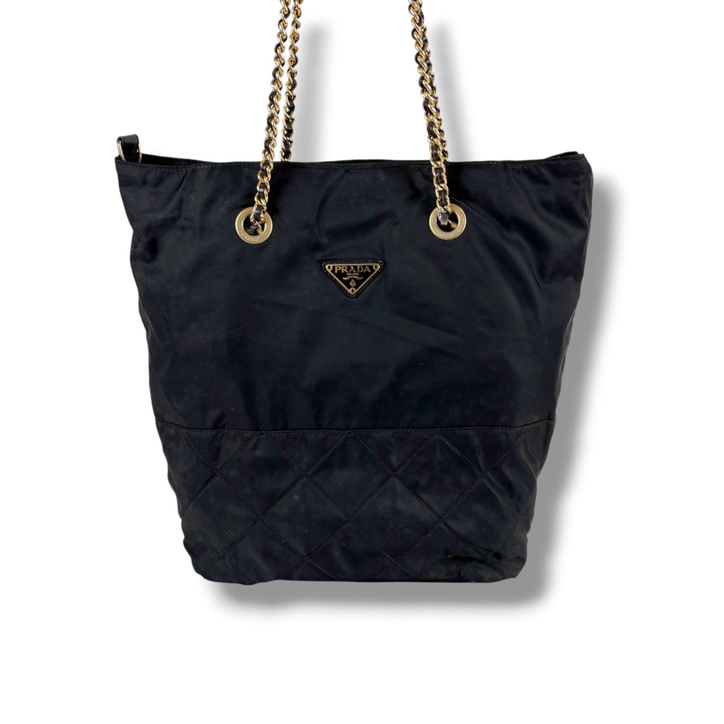 Prada Triangle Logo Quilted Processing Chain Shoulder Bag Black Nero Tessuto — view 4