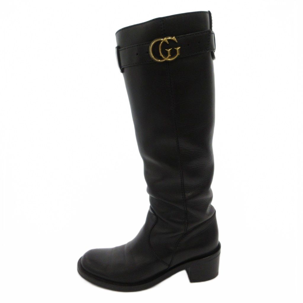 Gucci Long Boots Chunky Heels Belt GG Mark Calf Leather 36 Black — view 2