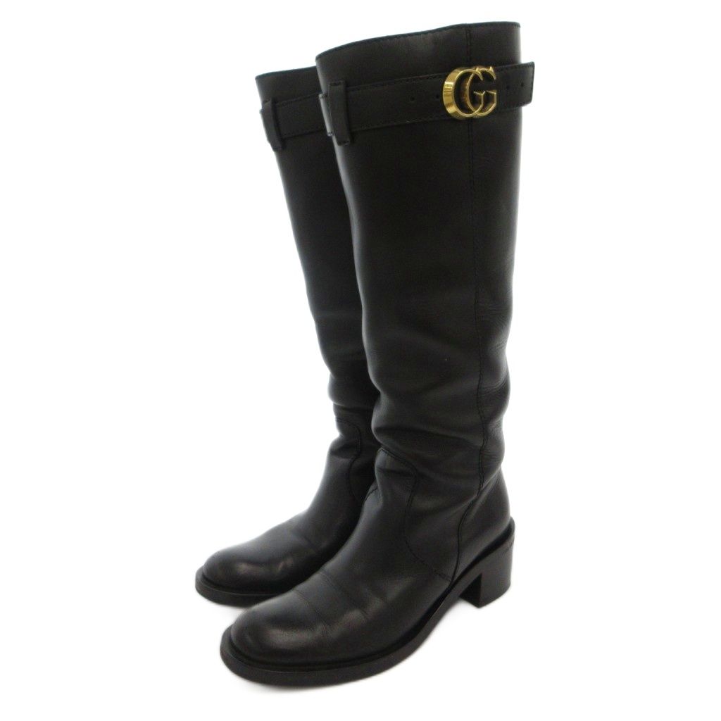 Gucci Long Boots Chunky Heels Belt GG Mark Calf Leather 36 Black
