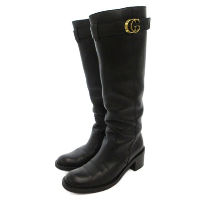 Gucci Long Boots Chunky Heels Belt GG Mark Calf Leather 36 Black