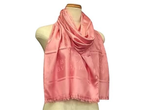 Bvlgari Shawl Logo Mania Pink Silk 100% Fringe Scarf