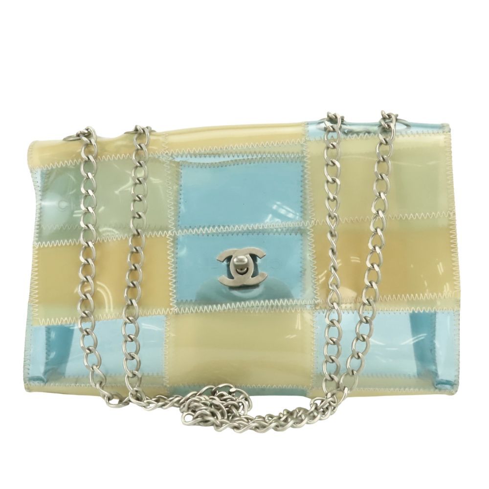 Chanel Shoulder Bag CC Logo Vinyl Clear Beige Light Blue Crossbody Bag No 5