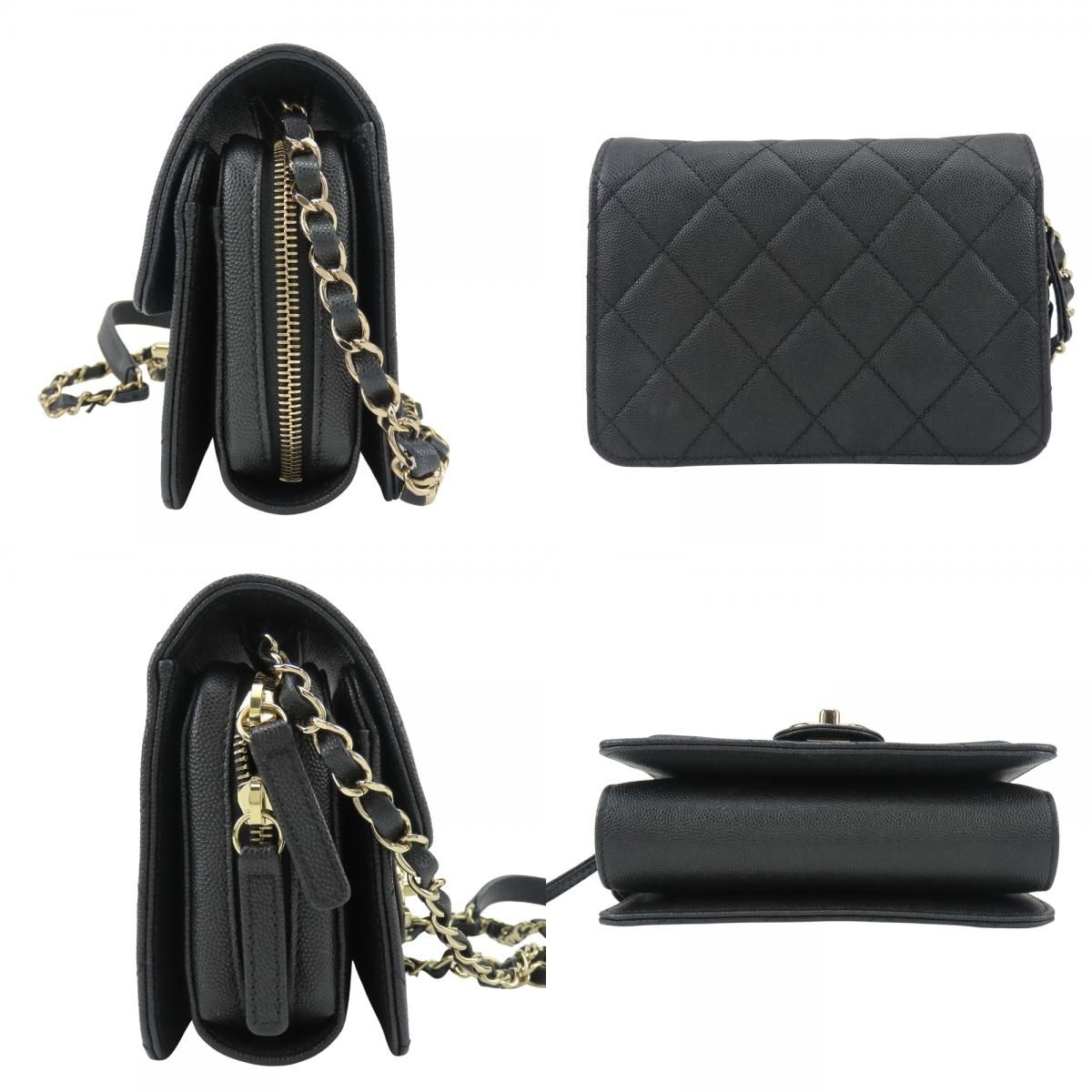 Chanel Shoulder Bag Mini Flap Caviar Leather Black Gold Crossbody Chain CC Logo — view 3