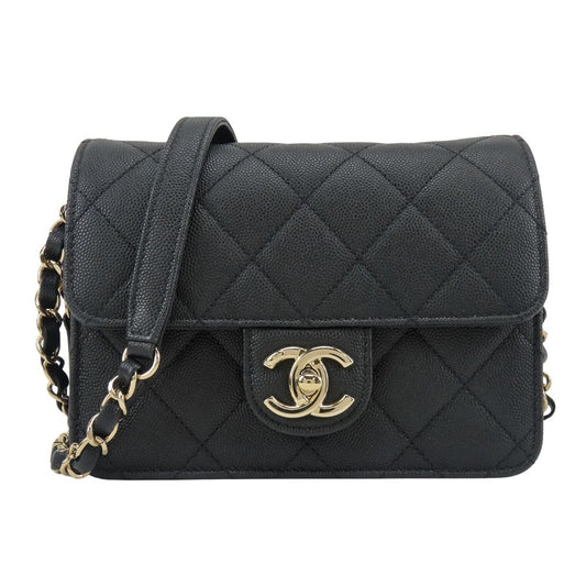 Chanel Shoulder Bag Mini Flap Caviar Leather Black Gold Crossbody Chain CC Logo