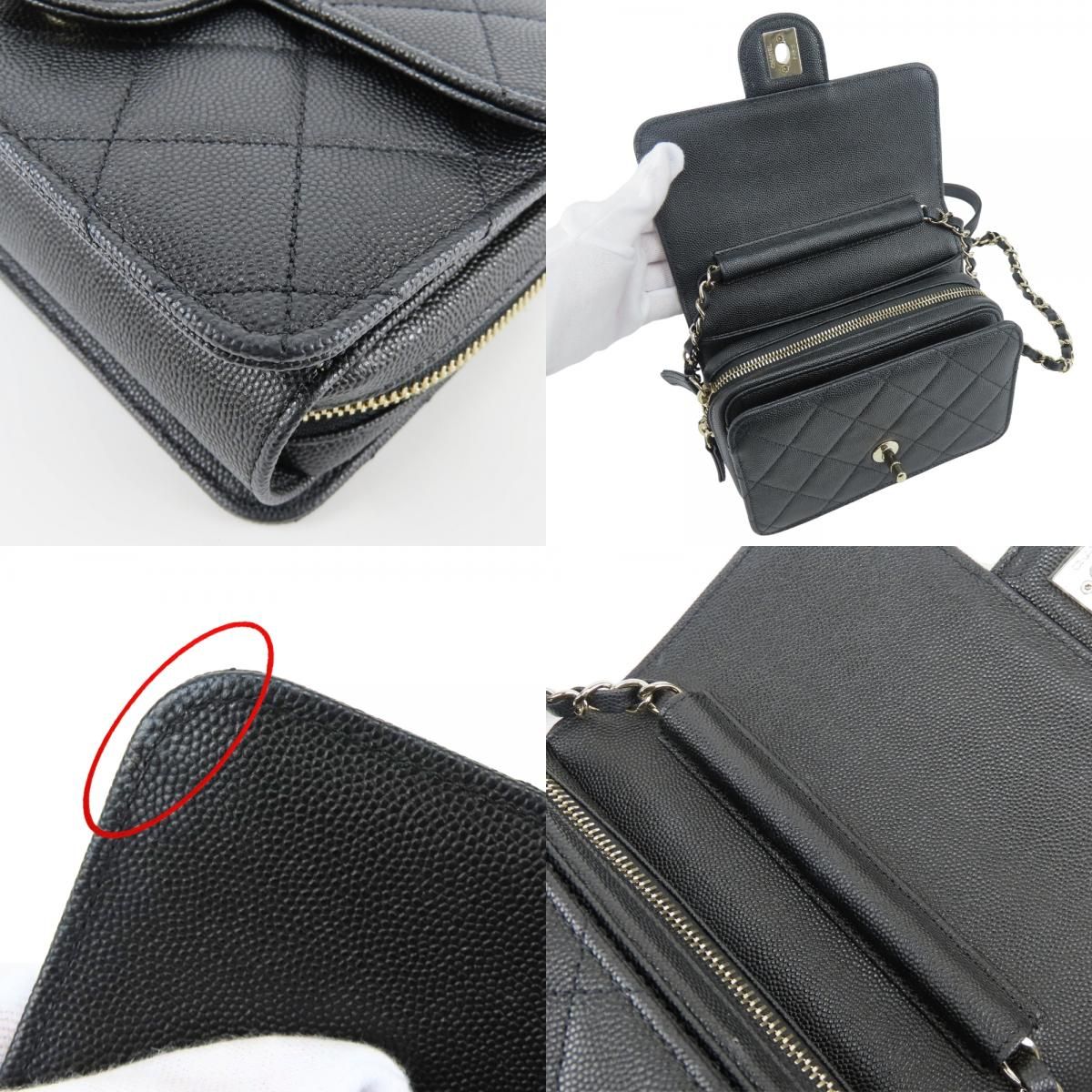 Chanel Shoulder Bag Mini Flap Caviar Leather Black Gold Crossbody Chain CC Logo — view 5
