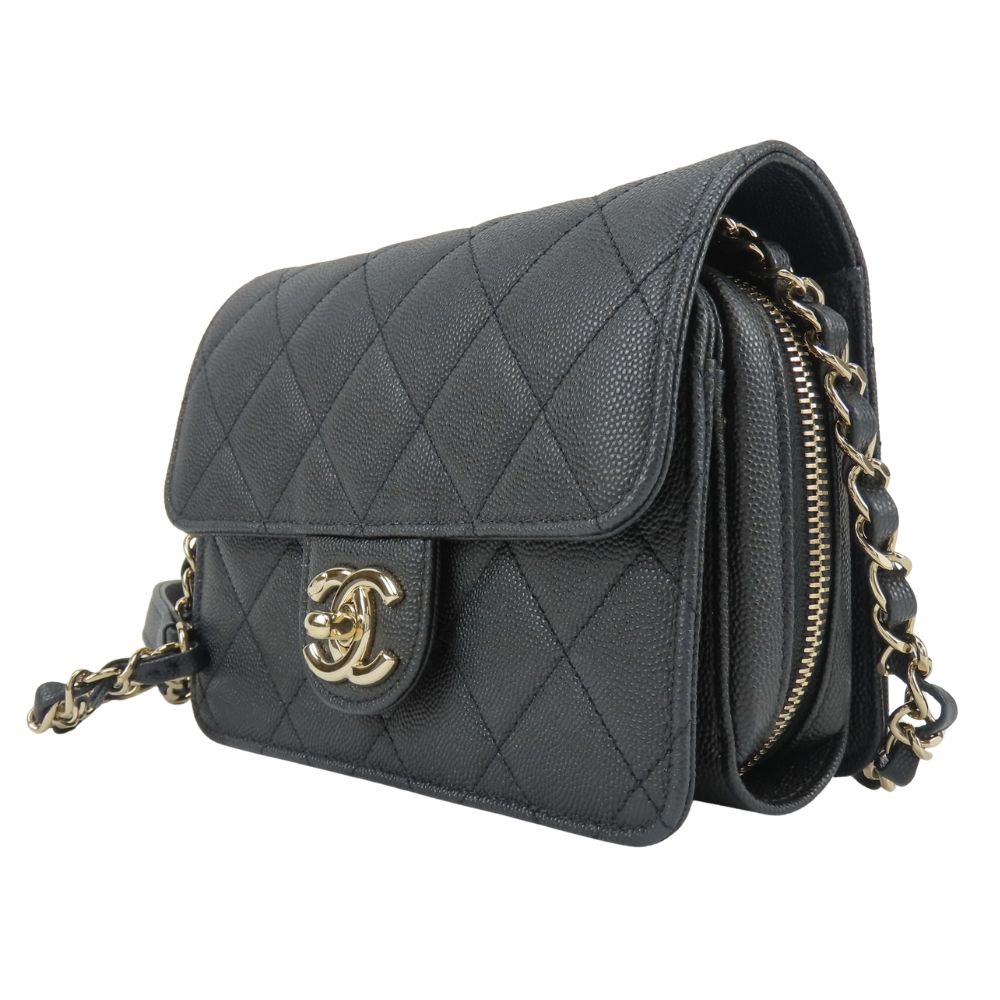 Chanel Shoulder Bag Mini Flap Caviar Leather Black Gold Crossbody Chain CC Logo — view 2