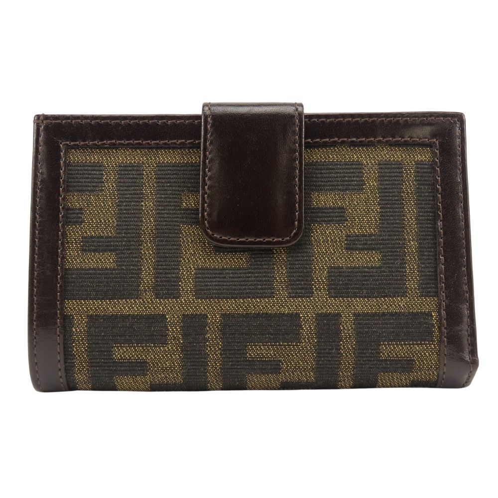 Fendi Bifold Wallet Zucca Canvas Leather Brown Kiss Lock Compact
