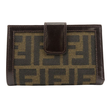 Fendi Bifold Wallet Zucca Canvas Leather Brown Kiss Lock Compact