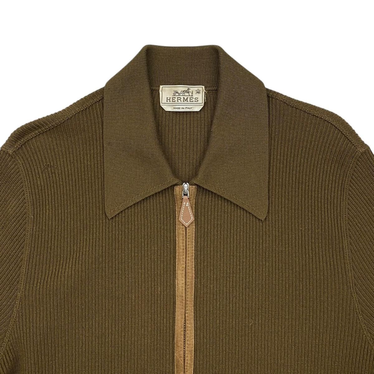 Hermes Sweater Rib Knit Zip Up M Wool Brown Silver — view 3