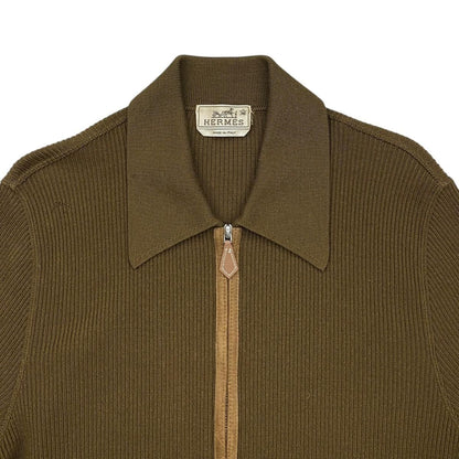 Hermes Sweater Rib Knit Zip Up M Wool Brown Silver — view 3