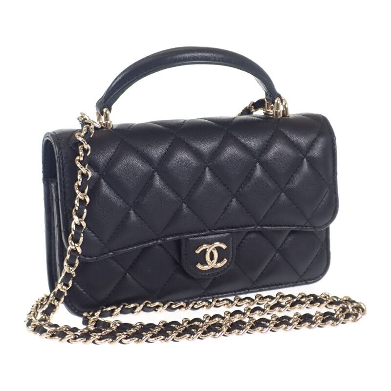 Chanel Quilted Flap Phone Case 2-Way Shoulder Bag Lambskin Black Gold