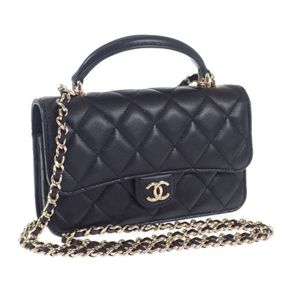 Chanel Quilted Flap Phone Case 2-Way Shoulder Bag Lambskin Black Gold