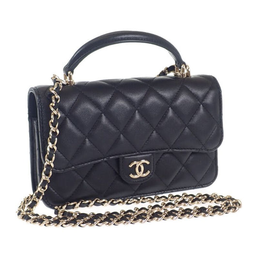 Chanel Quilted Flap Phone Case 2-Way Shoulder Bag Lambskin Black Gold