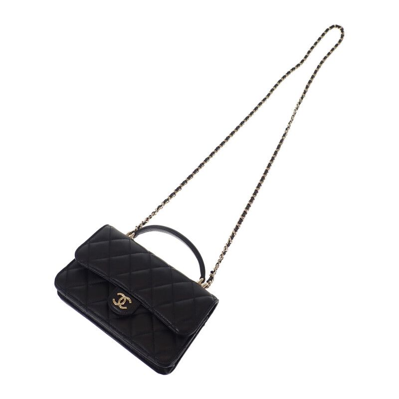 Chanel Quilted Flap Phone Case 2-Way Shoulder Bag Lambskin Black Gold — view 2