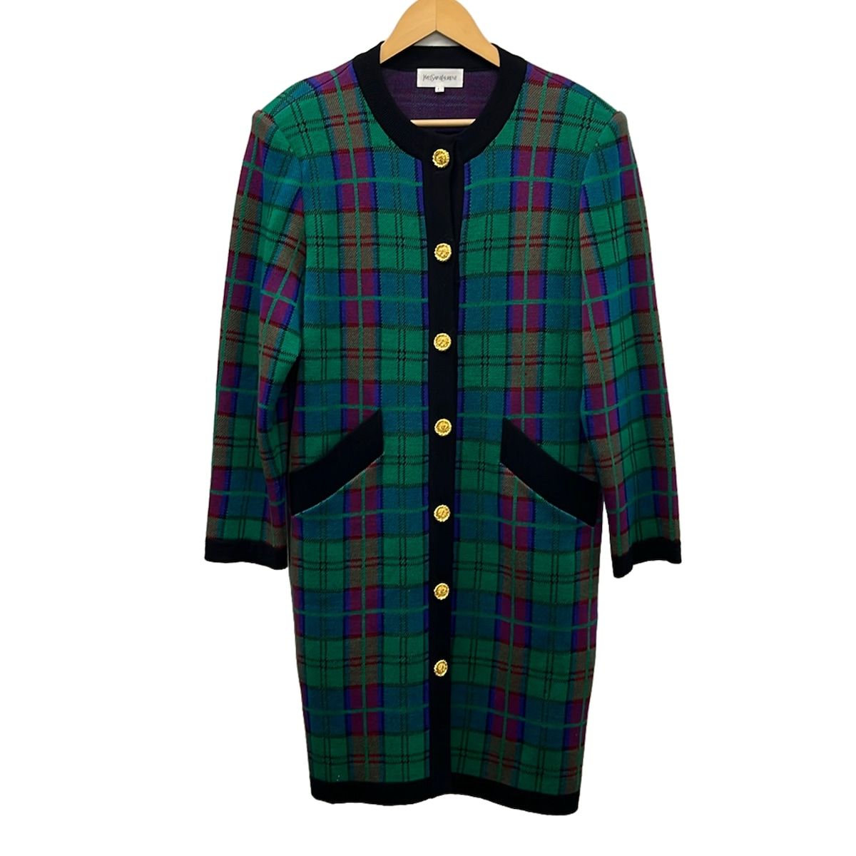 Saint Laurent Coat L Green Black Multi Long Sleeve Knit Plaid Shoulder