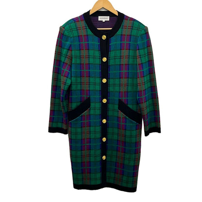 Saint Laurent Coat L Green Black Multi Long Sleeve Knit Plaid Shoulder