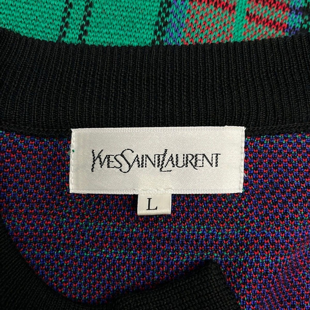 Saint Laurent Coat L Green Black Multi Long Sleeve Knit Plaid Shoulder — view 3