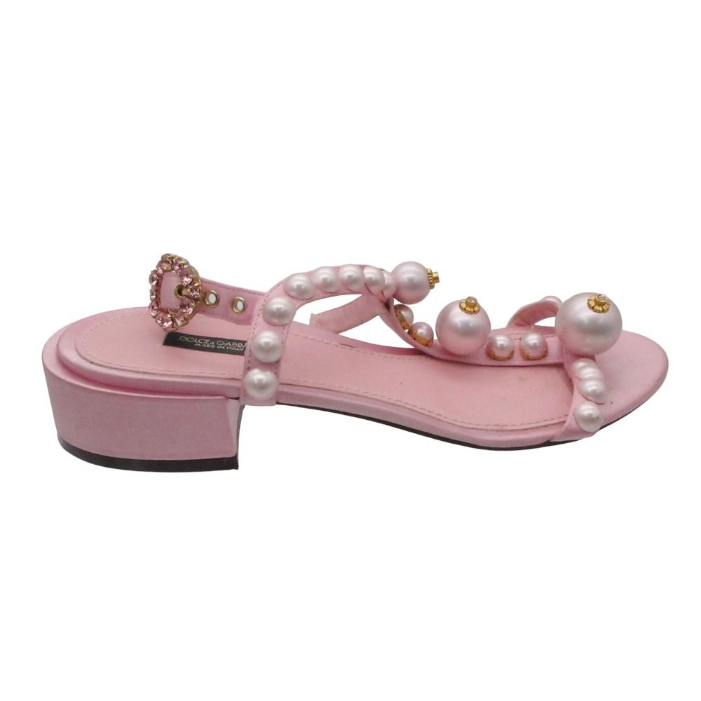 Dolce & Gabbana Sandals Pearl Bijuu T Strap Low Heels Shoes Pink — view 5