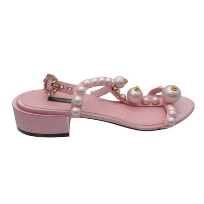 Dolce & Gabbana Sandals Pearl Bijuu T Strap Low Heels Shoes Pink — view 5