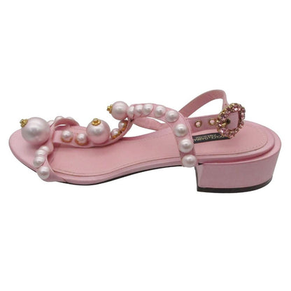 Dolce & Gabbana Sandals Pearl Bijuu T Strap Low Heels Shoes Pink — view 3