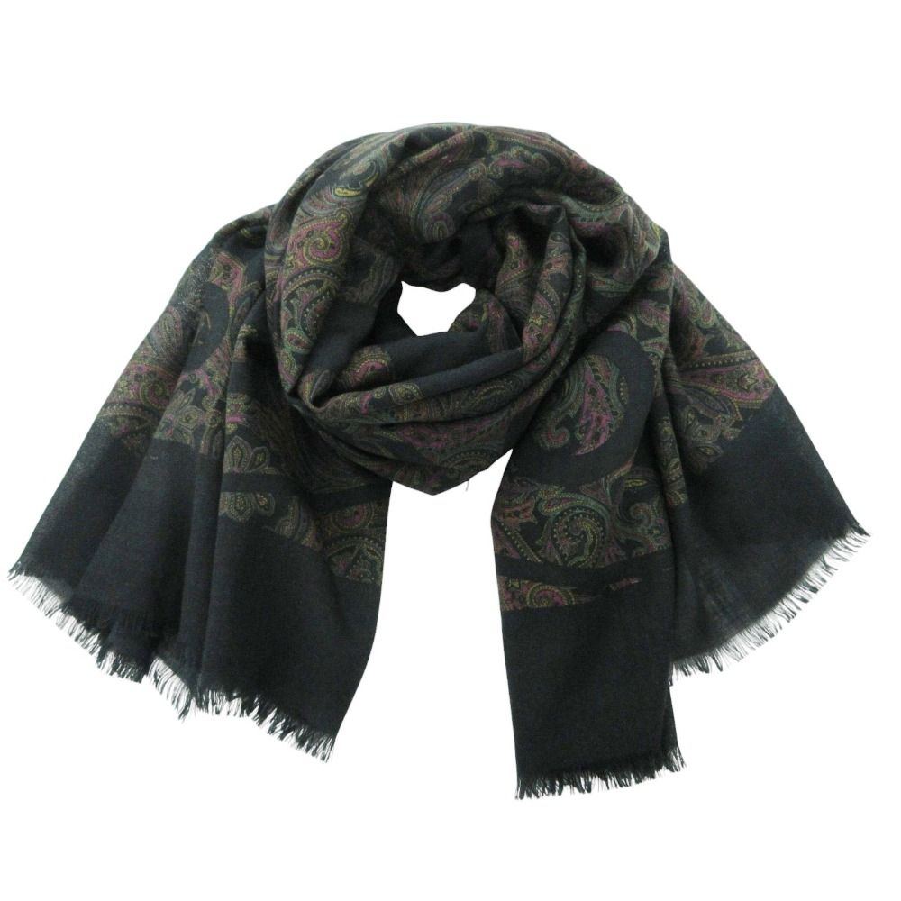 Chanel Scarf Large Shawl Silk Cashmere CC Logo Paisley Pattern Black