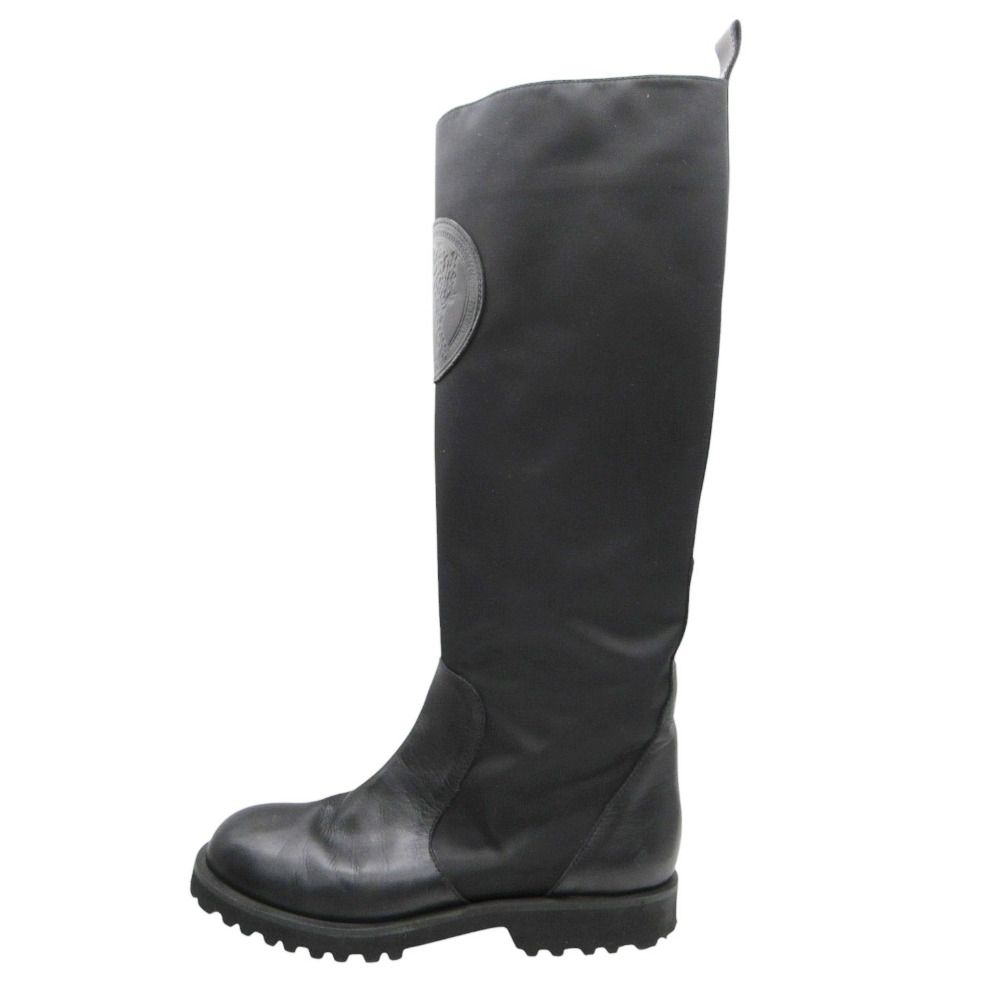 Versace Versus Boots Long Leather Nylon Leopard Motif Patch Shoes Black — view 2