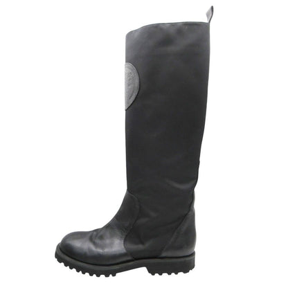 Versace Versus Boots Long Leather Nylon Leopard Motif Patch Shoes Black — view 2